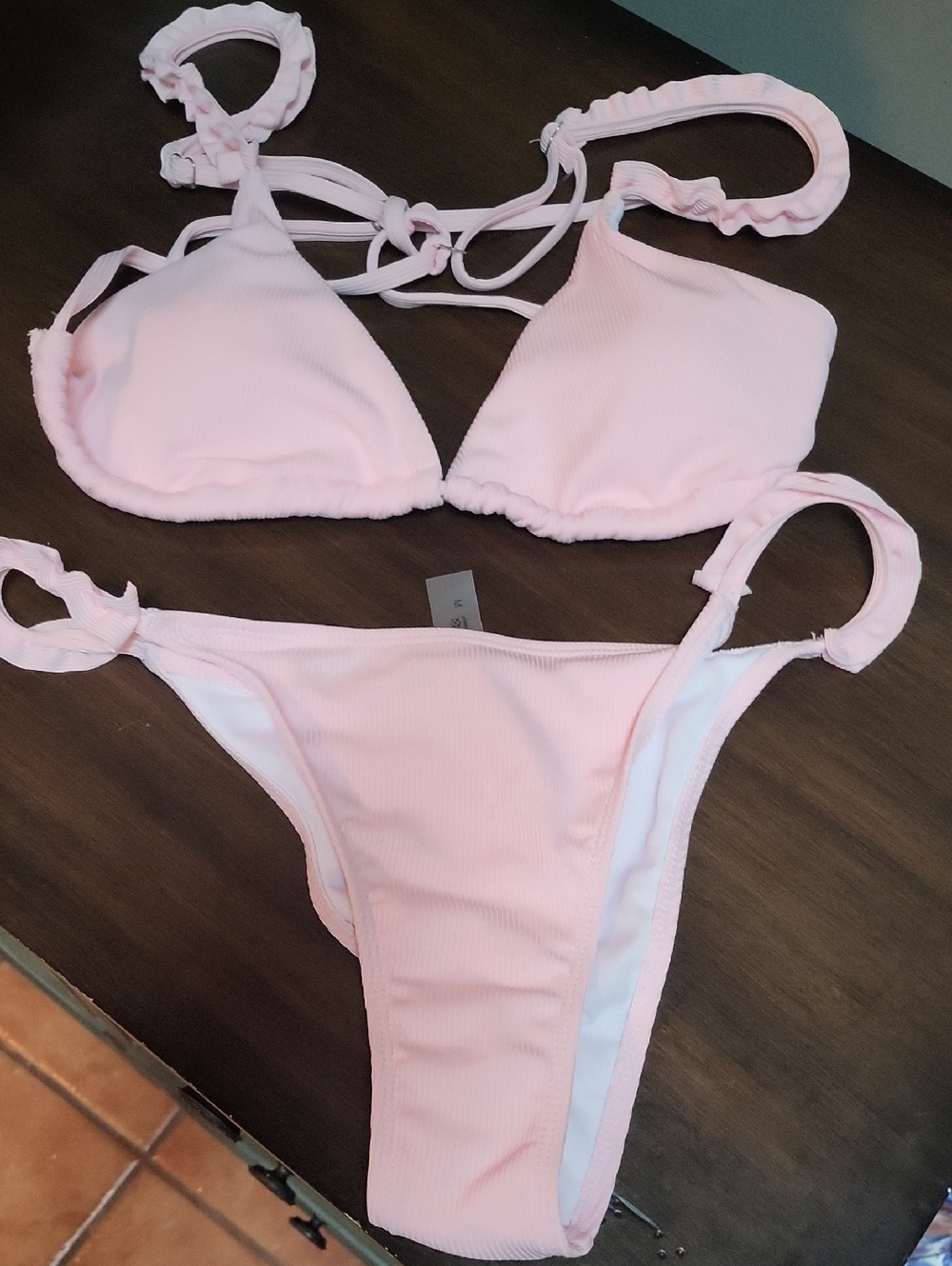 SHEIN Light Pink Ribbed Triangle Bikini Set